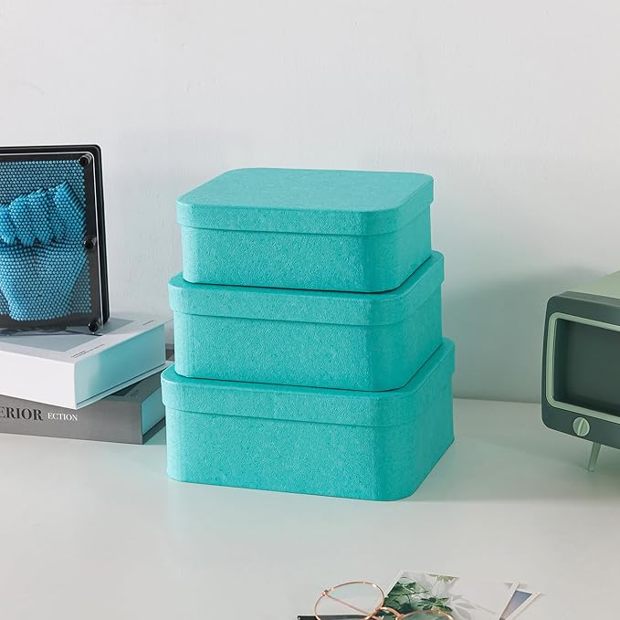 Soul & Lane Set of 3 Textured Blue Boxes with Rounded Edges - Nesting Decorative Cardboard Boxes with Lids for Gifts and Keepsakes, Large Paperboard Storage for Organizing
