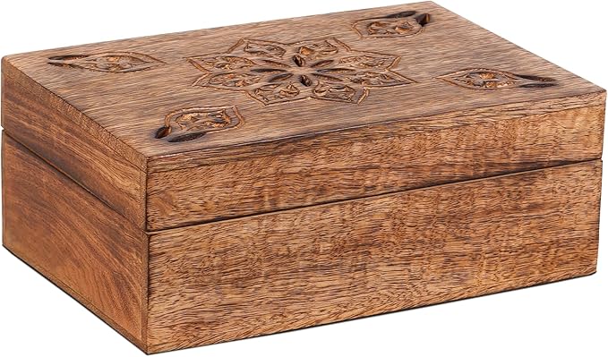 Mela Artisans Wooden Keepsake Box | Burnt Mango Wood Memory | Photo Storage Box with Hinged Lid | Decorative Storage Box | Large | 9x6x3.5 Inch