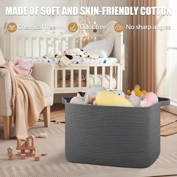 118L Extra Large Blanket Basket, 24.8"x17.7"x16.2" Woven Rope Baskets for Storage, Nursery Blanket Storage for Living Room, Toy Basket with Handle Organizing Comforter Cushions Pillows, Grey