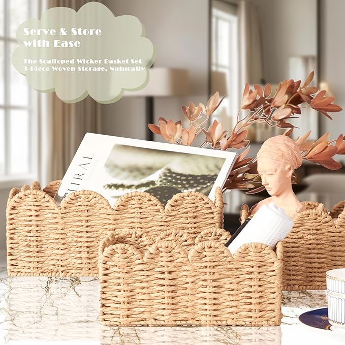 Scalloped Wicker Baskets, Set of 3 Hand-Woven Storage Baskets with Handles - Paper Rope Shelf Organizers & Decorative Baskets for Shelves, Closet, Bathroom (Tanï¼