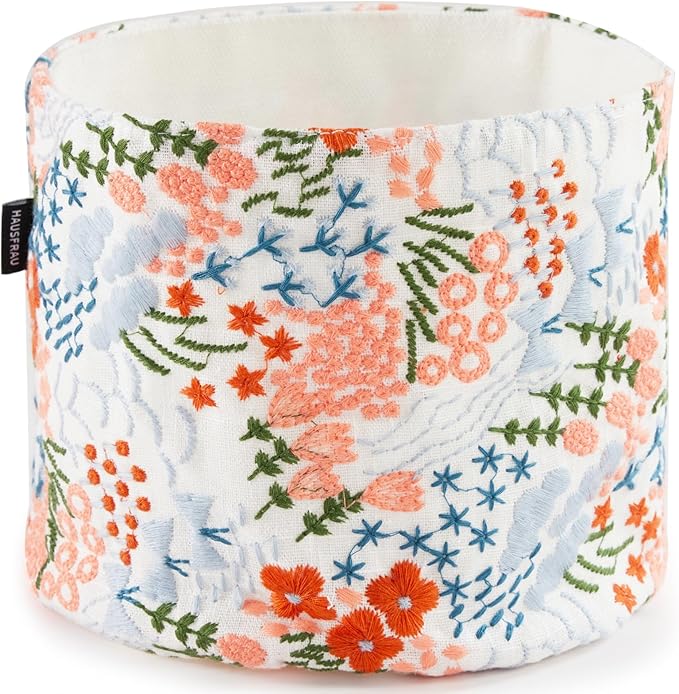 HAUSFRAU Decorative Storage Baskets - Round Embroidered Jacquard Baskets for Home Decor and Organizing - Small Storage Box and Organizer Bins, 5.12"x5.12"x5.12", White Flowersea