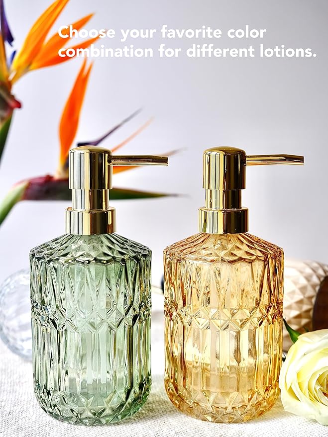 Green Glass Soap Dispenser with Gold Rust Proof Pump, Refillable Clear Glass Kitchen Soap Dispenser, Lotion Dispenser Bathroom for Hands Soap, Dish Soap, Body Wash (Green)