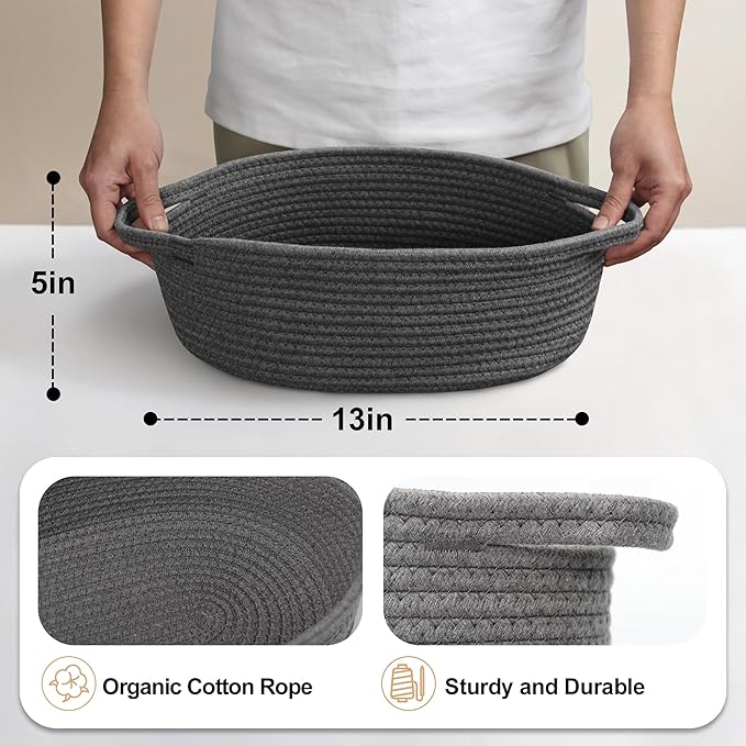 Small Rope Basket, Baskets for Gifts Empty, Cute Woven Basket for Dog Toy, Cat Toy Bin Box, Wicker Organizing Basket for Book, Baby Diaper, Towels, Snack, 13â x 9â x 5â, Dark Gray