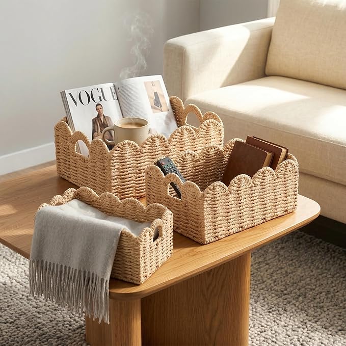 Scalloped Wicker Baskets, Set of 3 Hand-Woven Storage Baskets with Handles - Paper Rope Shelf Organizers & Decorative Baskets for Shelves, Closet, Bathroom (Beigeï¼