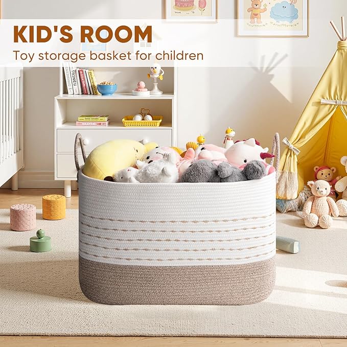 XXL Large Blanket Basket for Living Room, 108L Woven Storage Baskets for Organizing, Rectangle Cotton Rope Basket Toy Chest With Handles--Brown & White