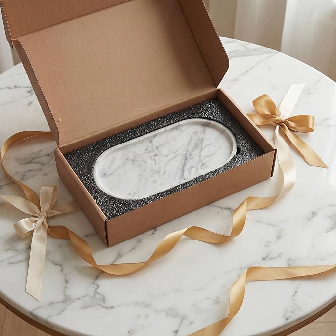 YKAJO 11.6" x 5.9" Oval Real Marble Tray for Bathroom & Kitchen Counter â 100% Natural Stone Decorative Vanity Tray for Dresser & Perfume â Heavy Catchall Organizer for Soap & Jewelry, White Gray