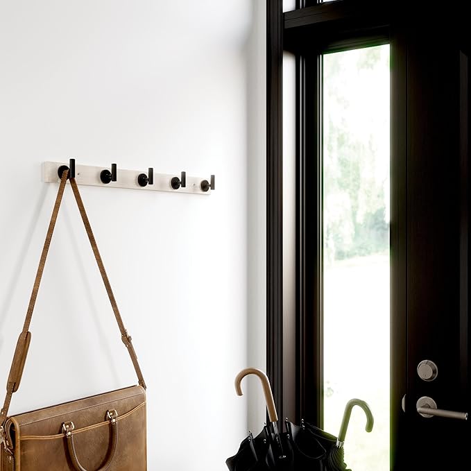 Franklin Brass Post (1-Pack) 27' Coat Rack Wall Mount White Hat Rack with 5 Hooks Mounted Hanging Hook Rail for Clothes, Towels, Purses, Bags, Kitchen, Entry, Closet Organization B48031K-480-R
