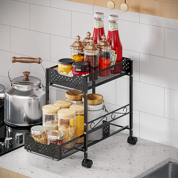 2 Pack - 2-Tier Under Sink Organizers and Storage with Sliding Storage Drawer for Kitchen and Bathroom Cabinet Countertop, Black