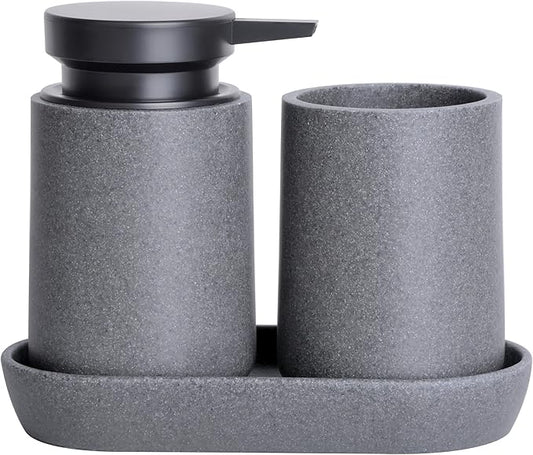 3 Pcs Bathroom Accessories Set, Liquid Soap Dispenser with Large Pump, Toothbrush Holder Cup and Soap Dish, Sandstone Texture Bathroom Counter Set for Modern Home (Gray)