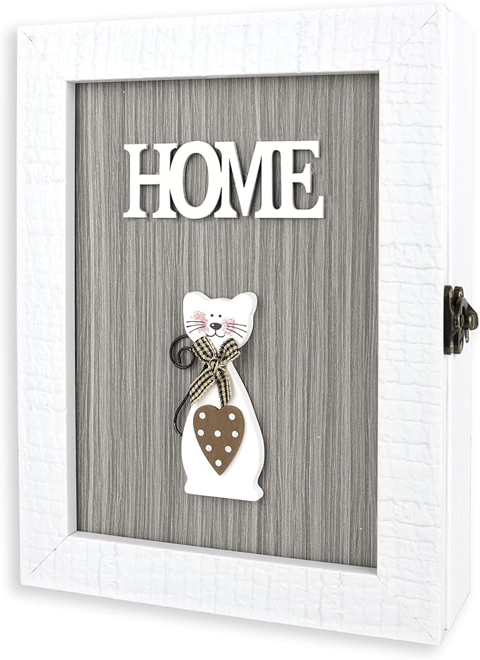VELISTA Wooden Key Box Wall Mount – Cute and Rustic Decorative Key Cabinet – Premium Cabinet Key Holder with 6-Hooks – Small Key Holder Box - Farmhouse Wall Décor – Vintage Key Rack Cabinet (White)