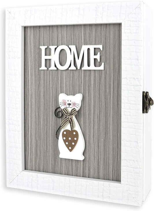 VELISTA Wooden Key Box Wall Mount – Cute and Rustic Decorative Key Cabinet – Premium Cabinet Key Holder with 6-Hooks – Small Key Holder Box - Farmhouse Wall Décor – Vintage Key Rack Cabinet (White)