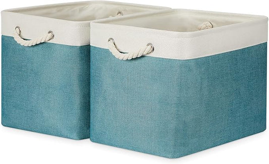 Bidtakay Foldable Storage Bins Set of 2 Tall Cloth Baskets 16" X 11.8" X 11.8" Decorative Organizers for Linen Closet (White & Teal)