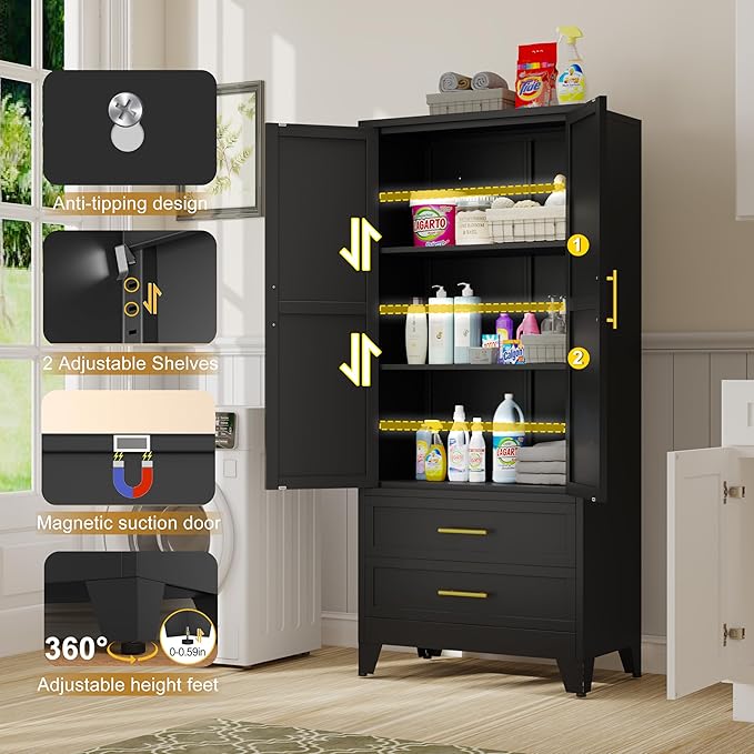 71" Tall Metal Pantry Storage Cabinet, Steel Storage Cabinets with 2 Doors, 2 Adjustable Shelf and 2 Drawers, Used as Kitchen Cabinet, Freestanding Cupboard for Kitchen, Office, Home (Black)