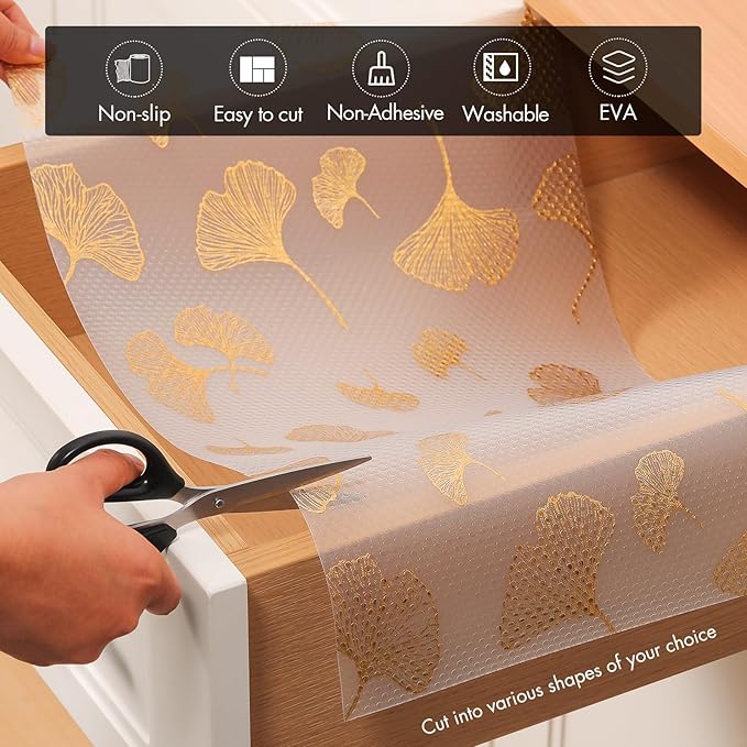 Cooyes Shelf Liner, Non Adhesive Drawer and Cabinet Liner, EVA Washable Oil-Proof Shelf Paper for Kitchen Cabinets, Refrigerator, Storage, Desks with Modern Pattern （Gold Ginkgo，17.5" W x 78.7" L）