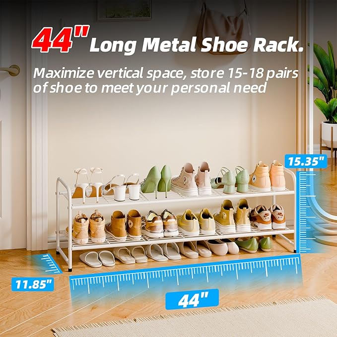 Shoe Rack for Closet, 2 Tier 44 Inch Extra Long Shoe Storage Organizer for Shelves, Heavy Duty Metal, Easy Assembly, White