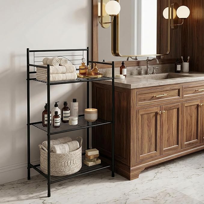 Bath Bliss 3 Tier Freestanding Bathroom Storage Shelf, Black Metal Organizer Rack | Rust Resistant Space Saving Bathroom Stand | Toilet Paper Towel Holder | Bathroom Organizer for Small Spaces