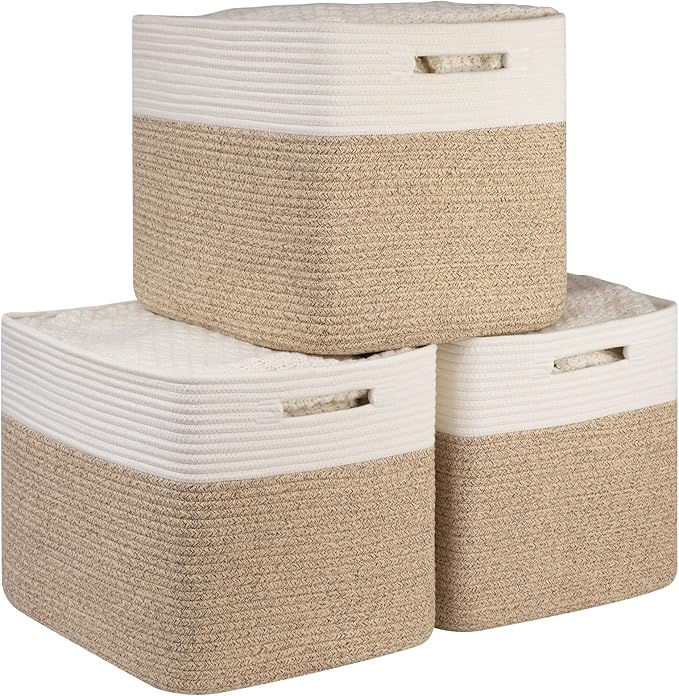 OIAHOMY 13 Kallax Inch Cube Storage Bins, 3-Pack Cotton Rope Woven Baskets for Organizing, Kallax Insert Storage Baskets for Shelves, Baby Nursery, Closet Organizer, 15 * 13 * 12.6IN, Brown & White