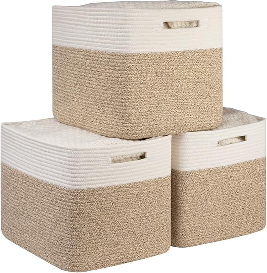 OIAHOMY 13 Kallax Inch Cube Storage Bins, 3-Pack Cotton Rope Woven Baskets for Organizing, Kallax Insert Storage Baskets for Shelves, Baby Nursery, Closet Organizer, 15 * 13 * 12.6IN, Brown & White