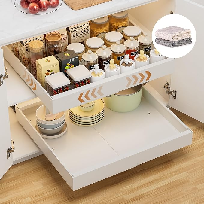 1 Pack Pull-Out Cabinet Organizer, 21" Deep, Expandable (12.2"-20.3"), Slide-Out Drawer for Kitchen Cabinet with 2 Cleaning Cloths, Roll-Out Shelf for Pantry, Bathroom, 3 Slide Rails, White