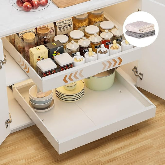 1 Pack Pull-Out Cabinet Organizer, 21" Deep, Expandable (12.2"-20.3"), Slide-Out Drawer for Kitchen Cabinet with 2 Cleaning Cloths, Roll-Out Shelf for Pantry, Bathroom, 3 Slide Rails, White
