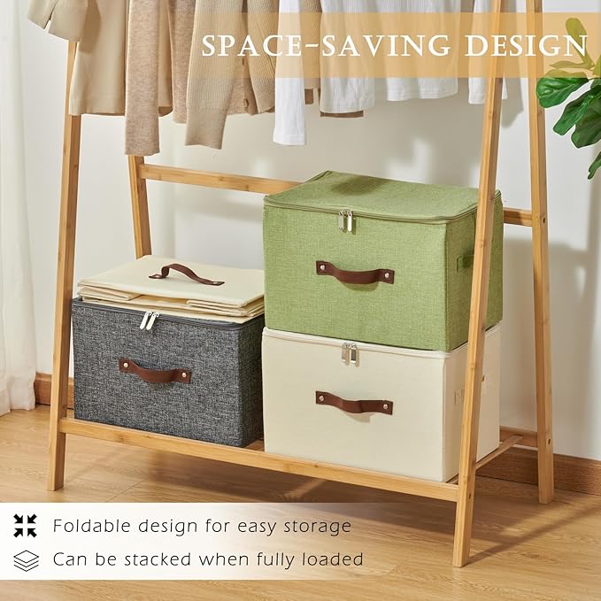 Storage Bins with Zipper Lid Cotton Linen Fabric Lidded Storage Baskets Boxes Foldable Washable Closet Shelf Clothes Organizer Container with PU Leather Handles (Purple, Small)