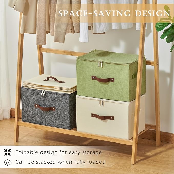 2 Pack Storage Bins with Zipper Lid Cotton Linen Fabric Lidded Storage Baskets Boxes Foldable Washable Closet Shelf Clothes Organizer Container with PU Leather Handles (Gray, Small Size)