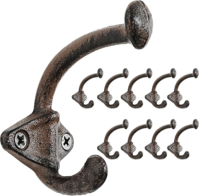Dseap Cast Iron Wall Hooks, Heavy Duty Coat Hooks, Rustic Vintage Farmhouse Hook for Hanging Winter Coats Jackets Towels Hats Bags Plants, Antique Brown, Pack of 10 (ShldCast)