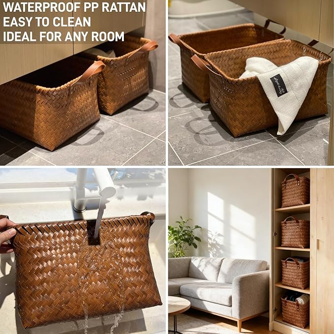 GIB Wicker Storage Baskets for Shelves, Woven Laundry Basket for Organizing Clothes Blanket Basket, Decorative Rectangular Closet Organizers Storage Bins with Handles, Brown, 4 Pack