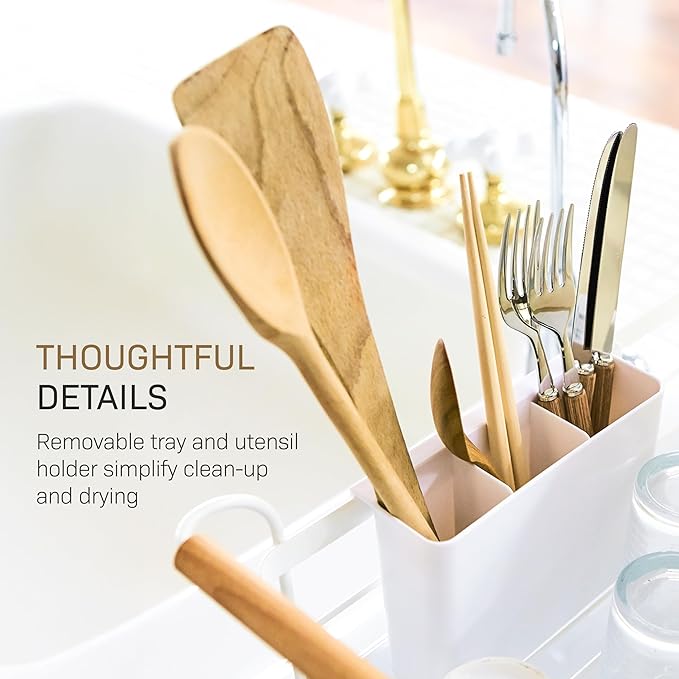 YAMAZAKI Home Dish Drying Rack – Modern White Dish Rack for Kitchen Counter with Removable Drainer Tray and Cutlery Holder, Steel + Wood Dish Drying Organizer - Steel + Wood -