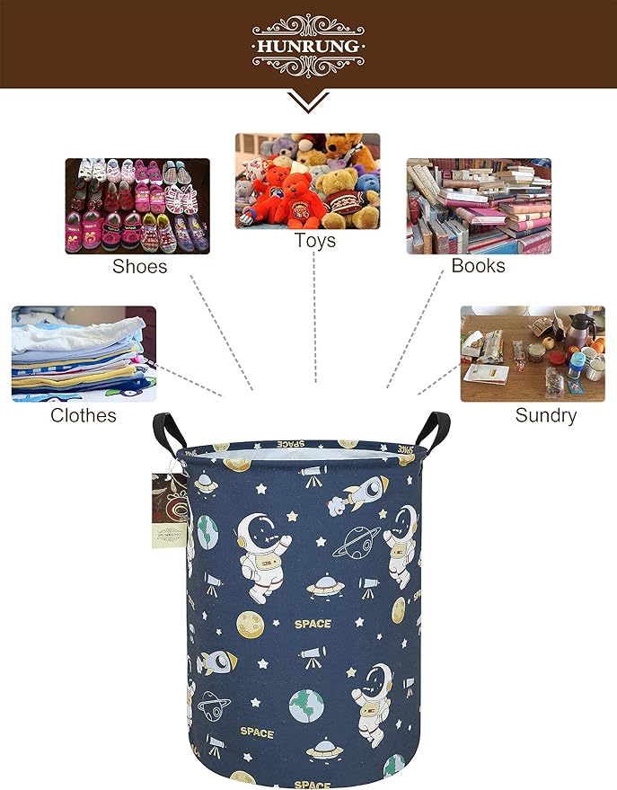 HUNRUNG Laundry Hamper,Large Canvas Fabric Lightweight Storage Basket Toy Organizer Dirty Clothes Collapsible Waterproof for College Dormsï¼Round-Blue Space Astronautï¼