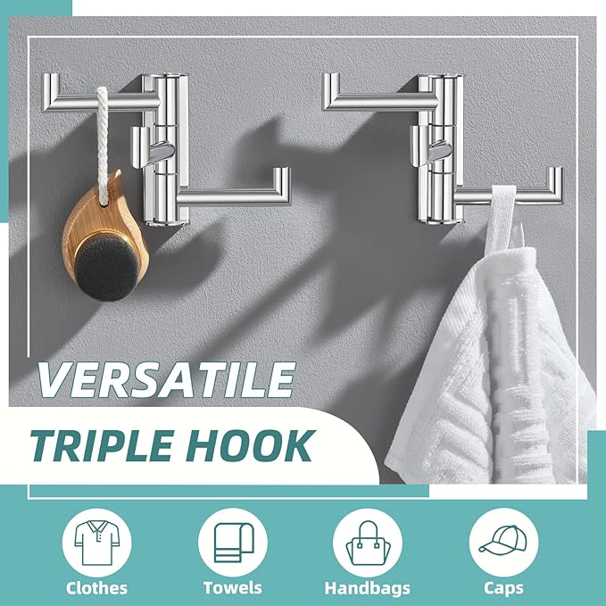 APLusee Polished Chrome Swivel Towel Hook 2 Pack, 304 Stainless Steel Coat Hook with 3 Arms, Wall Mounted
