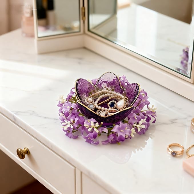 Mini Flower Ring Plate Jewelry Storage Tray Ring Holder for Dressing Table, Bedside Table, Room Bathroom Decoration, Cute Valentine's Day Christmas Birthday Gift for Women (purple flower)