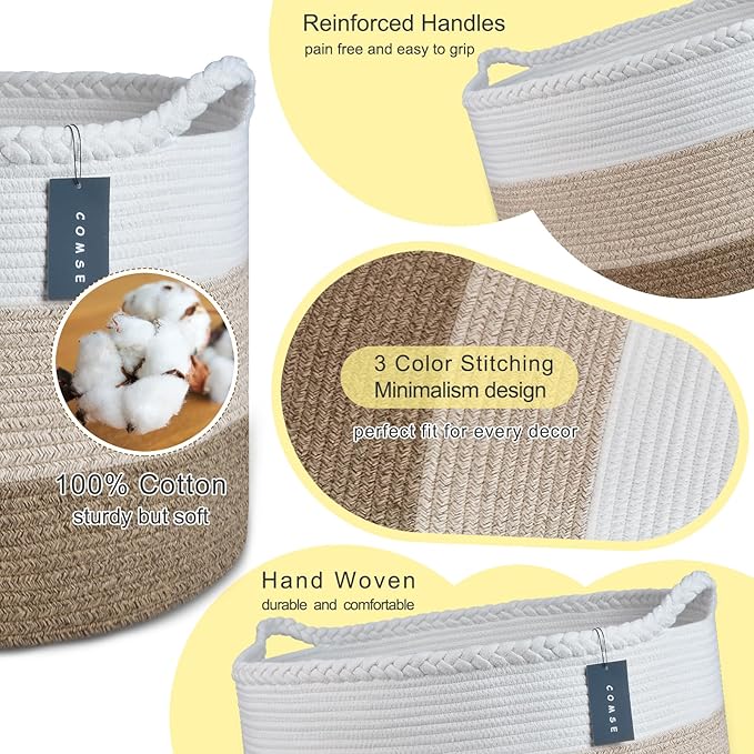 COMSE Extra Large Blanket Basket, Woven Laundry Basket, 21.7âx 13.8â, Nursery Hamper, Cotton Rope Laundry Hamper Living Room for Storage Toys Clothes Towels(White & Gradient Brown)