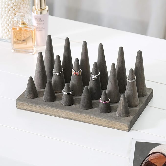 MyGift Vintage Gray Weathered Solid Wood Cone Shaped Ring Holder Tower, Wooden Jewelry Organizer Stand for Home Table or Retail Counter Display Tray, Holds 18 Rings