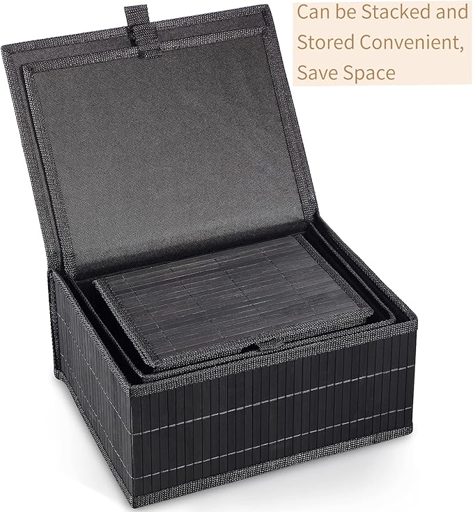Honygebia Bamboo Decorative Storage Boxes - Set of 3 Woven Lined Storage Basket with Lids, Black Wicker Lidded Baskets for Home Kitchen Shelf Organizer Decor
