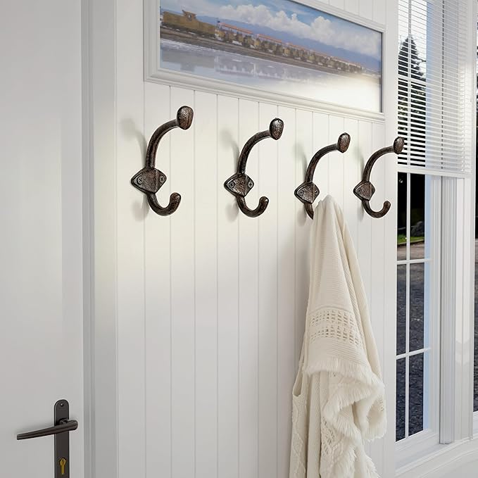 Dseap Cast Iron Wall Hooks L=5”, Heavy Duty Coat Hooks, Rustic Vintage Farmhouse Hook for Hanging Winter Coats Jackets Towels Hats Bags Plants, Antique Brown, Pack of 10 (ShieldBold)