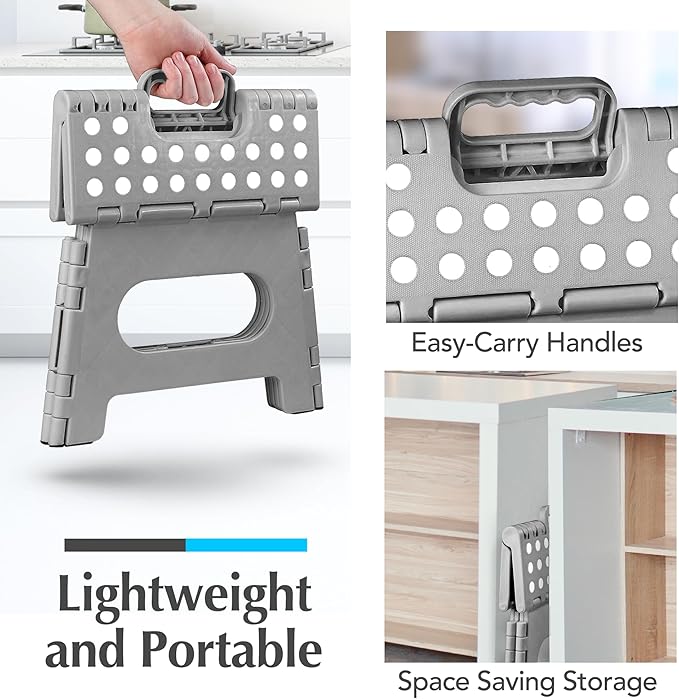 Handy Laundry Folding Lightweight Step Stool - Sturdy Enough to Support Adults and Safe Enough for Kids - Opens Easy with One Flip - Great for Kitchen, Bathroom or Bedroom (Grey - 8 Inch)