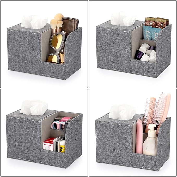 Sumnacon Square Linen Tissue Box Cover - Decorative Cube Tissue Box Holder with Side Organizer, Modern Tissue Box for Living Room Vanity Night Stand Table Countertop Office, Grey