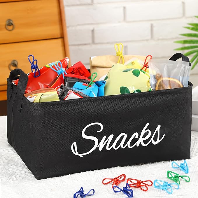 17 Pcs Snack Basket Sets, Snack Storage Bin for Pantry Shelves with 16 Pcs 2 Inch Chip Clips, Basket Organizer for Kitchen Home, Chips, Popcorn, Candy, Pretzels(Burlap,Black)