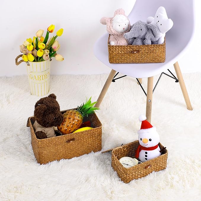 Decorative Storage Basket with Lid Set of 3,Woven Seagrass Storage Bins for Shelves for Organizing, Rectangular Baskets for Decoration, Picnic, Groceries and Toy Storage