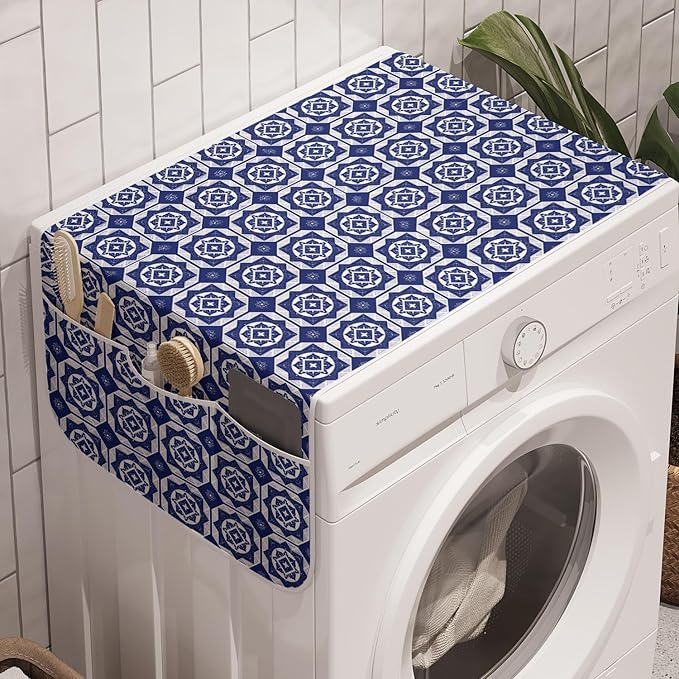 Ambesonne Dutch Washing Machine Organizer Pack of 2, Delft Style Geometric Pattern with Rhombuses and Hexagons Holland Design, Anti-Slip Cover for Washers Dryers, 47" x 18.5", Navy Blue