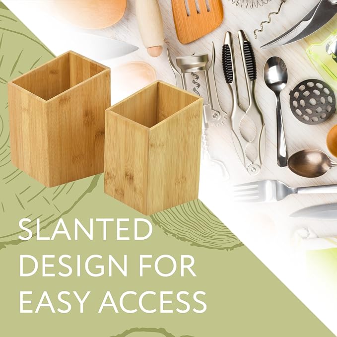 IMPRESA Wooden Kitchen Utensil Holder Set - Slanted Access Design & Silverware Organizer - Stylish Display & Countertop Organizer for Kitchen Organization - Natural Unfinished, Pack of 2