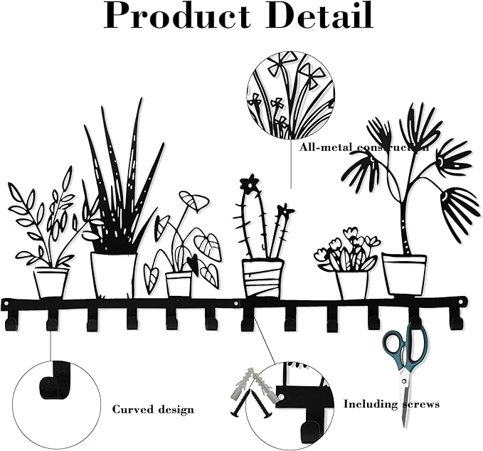 Black Metal Large Wall Mount Rack Set of 2 with 12 Hooks, Unique Wall Hooks for Clothes, Hat, Bag, Key, Cute Wall Hanger for Entryway, Front Door, Bathroom, Kitchen, Office, Home Organization