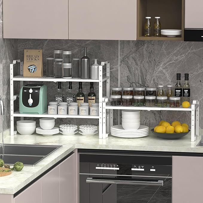 Expandable Shelf for Cabinet Organizer Adjustable Stackable Spice Rack at Kitchen and Bathroom More,2 Packs/White, Medium