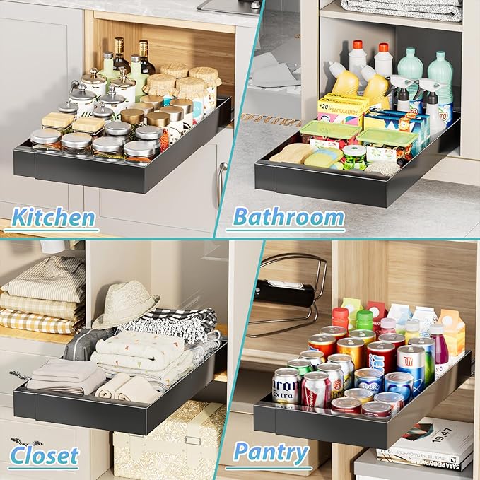 OVICAR Expandable Cabinet Organizer Drawer - Pull Out Cabinet Drawers 21" Deep Adhesive Slide Out Storage Shelf with 4pcs Divider Racks for Kitchen Pantry Bathroom Home, 12.2"-20.7" W, Black