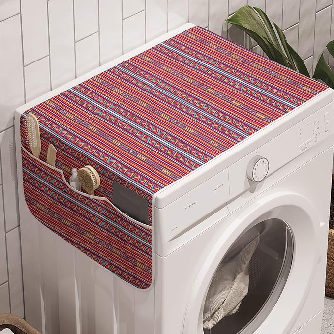 Ambesonne Folk Washing Machine Organizer, Colorful Ethnic Tribal Retro Hipster Style Vertical Abstract Geometric Zigzags Stripes, Anti-slip Fabric Cover for Washers and Dryers, 47" x 18.5", Pink Blue