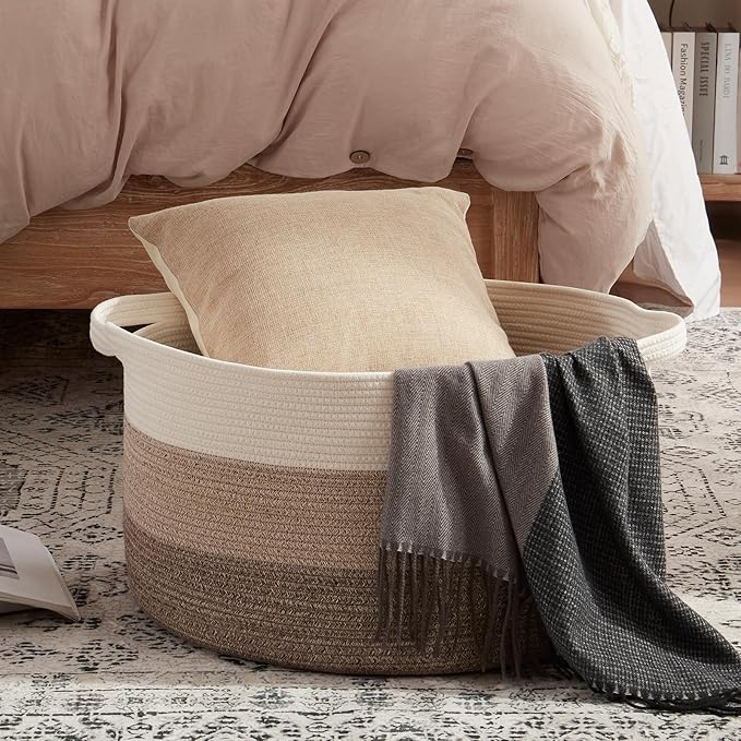 OIAHOMY 90L Blanket Basket for Living Room, Large Basket 23" x 23" x 13" with Handle, Laundry Hamper for Blankets, Pillows, Toy Storage for Kids, Dogs - Gradient Brown