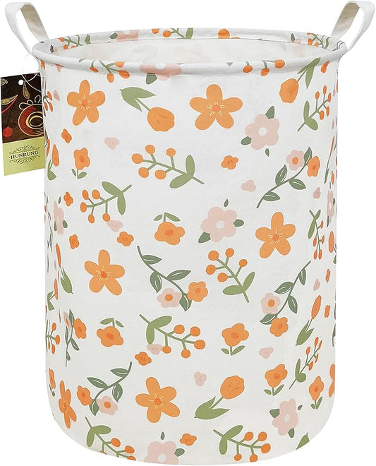 HUNRUNG Laundry Hamper,Large Canvas Fabric Lightweight Storage Basket Toy Organizer Dirty Clothes Collapsible Waterproof for College Dormsï¼Round-Orange Flowerï¼