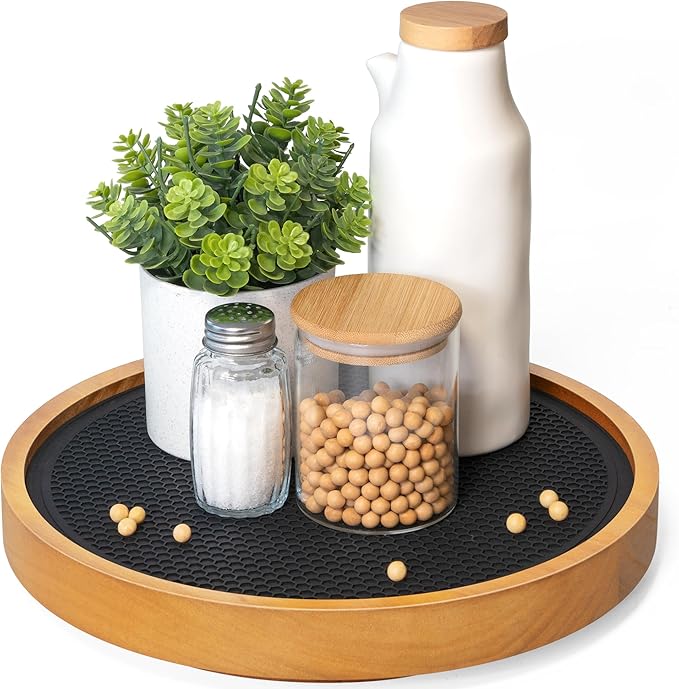 EOSAHR Non-Skid Wood Lazy Susan Organizer Turntable with Rubber Mat â 10.5" Lazy Susan Turntable for Cabinet, Table Top, Pantry & Kitchen Sink - Effortless Bathroom Vanity Tray (Light Brown)
