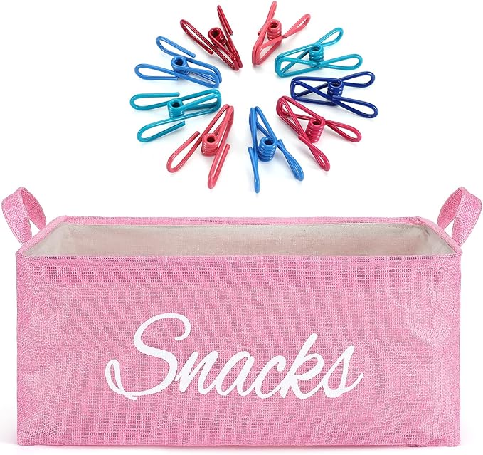 17 Pcs Snack Basket Sets, Snack Storage Bin for Pantry Shelves with 16 Pcs 2 Inch Chip Clips, Basket Organizer for Kitchen Home, Chips, Popcorn, Candy, Pretzels (Pink,Burlap)